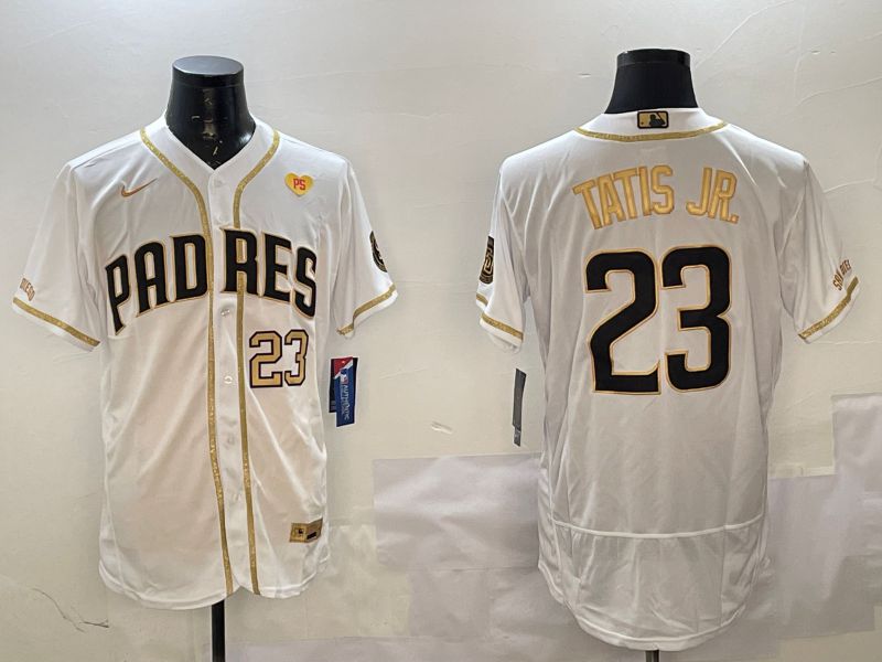 Men San Diego Padres #23 Tatis jr White Gold Elite 2025 Nike MLB Jersey style 9